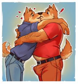 age_difference anthro anthro_on_anthro arm_hair barazoku beard belly belt big_belly big_bulge blue_background body_hair border bottomwear bulge claws clothing collared_shirt denim denim_bottomwear denim_clothing duo emanata erection erection_under_clothing exclamation_point eye_contact eyebrows facial_hair frown fur hair heart_symbol hug jeans kissing looking_at_another male male/male mature_anthro mature_male midriff motion_blur motion_lines musclegut muscular muscular_anthro muscular_male mustache narrowed_eyes older_male pants pubes shirt side_view simple_background smile standing surprised tail tail_motion tailwag tenting thick_arms thick_thighs topwear tuft white_border younger_male highpups canid canine canis domestic_dog mammal 2025 hi_res father_(lore) father_and_child_(lore) father_and_son_(lore) incest_(lore) parent_(lore) parent_and_child_(lore) parent_and_son_(lore) son_(lore)
