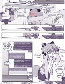 5_fingers anthro apology blush chat_box chat_message claws clothed clothing computer computer_mouse dialogue electronics female finger_claws fingers inner_monologue office solo text thinking high5art brand_new_animal studio_trigger michiru_kagemori canid canine mammal raccoon_dog tanuki 2026 comic digital_media_(artwork) english_text hi_res monochrome