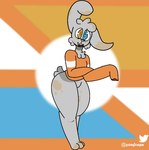 anthro blue_eyes bottomless clothed clothing farbi heterochromia killian_(waladeci) lagomorph leporid male mammal orange_clothing orange_topwear rabbit smile solo standing topwear yellow_eyes