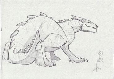 ambiguous_feral ambiguous_gender back_spikes claws closed_smile feral horn looking_at_viewer markings mouth_closed narrowed_eyes neck_spikes side_view simple_background slower smile solo spiked_tail spikes spikes_(anatomy) striped_legs striped_markings striped_neck striped_tail stripes tail tail_markings teeth toe_claws hufnaar mythology dragon mythological_creature mythological_scalie scalie 2017 dated hi_res monochrome sketch