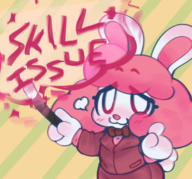 :3 ambiguous_anthro ambiguous_gender anthro bottomwear bow_tie closed_smile clothed clothed_ambiguous clothed_anthro clothing cloud_emanata emanata eyebrow_through_hair eyebrows eyelashes fully_clothed fully_clothed_ambiguous fully_clothed_anthro hair holding_object looking_at_viewer magic_user mouth_closed pattern_background pink_hair red_bottomwear red_clothing red_shirt red_text red_topwear shirt simple_background simple_eyes smile smiling_at_viewer solo standing striped_background text three-quarter_view topwear translucent translucent_hair ligma_(artist) skill_issue_(meme) ufo_50 lagomorph leporid mammal rabbit 2024 archived_source digital_drawing_(artwork) digital_media_(artwork) english_text handwritten_text hi_res meme portrait shaded three-quarter_portrait female_(lore)