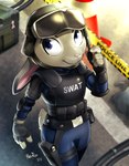 4_fingers anthro armor bottomwear clothing electronics female fingers headgear headphones headset helmet pants police_line solo tape toolbox traffic_cone uniform year powree disney zootopia judy_hopps lagomorph leporid mammal rabbit 2022 hi_res signature