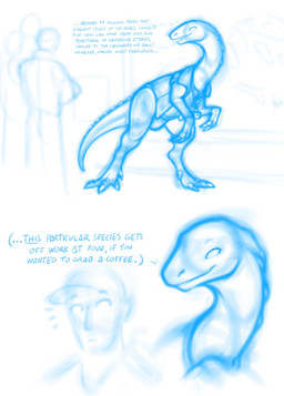 claws clothed clothing female feral group hat headgear headwear jacket male male/female pantsless shirt smile tail text topwear nexivian dinosaur human mammal ornithomimid ornithomimosaur prehistoric_species reptile saurischian scalie theropod blue_and_white english_text monochrome sketch