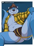 beard black_nose blue_body blue_fur brown_hair bulge butt clothing eyewear facial_hair flannel fur glasses green_eyes hair hat headgear headwear jockstrap looking_at_viewer male nipples solo underwear clamcrusher mammal mustelid otter 2022 digital_media_(artwork)