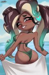 5_fingers bikini breasts butt clothed clothing eyebrows eyelashes female fingers green_bikini green_clothing green_swimwear looking_at_viewer looking_back looking_back_at_viewer pseudo_hair side_boob solo swimwear tentacle_hair tentacles towel two-piece_swimsuit magaska19 nintendo splatoon marina_(splatoon) animal_humanoid cephalopod cephalopod_humanoid humanoid marine marine_humanoid mollusk mollusk_humanoid octarian octoling 2023 hi_res