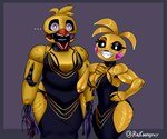 anthro beak beakless clothing dress duo eyebrows eyelashes female looking_at_viewer machine purple_eyes raised_eyebrow sharp_teeth teeth toothed_beak wire yellow_body e4hargus five_nights_at_freddy's five_nights_at_freddy's_2 hollow_hip_backless_chain_dress meme_clothing scottgames toy_chica_(fnaf) withered_chica_(fnaf) animatronic avian bird chicken galliform gallus_(genus) phasianid robot 6:5 absurd_res digital_media_(artwork) hi_res meme