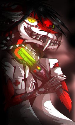 anthro black_hair black_nose blood bodily_fluids bone clothing cross cybernetic_arm cybernetic_limb dark facial_hair fur hair headgear headwear male markings nurse pseudo_hair red_body red_fur scar simple_background smile solo syringe teeth tentacle_hair tentacles whisker_markings white_body white_fur yellow_eyes liza-pro lapfox_trax renard_queenston canid canine fox mammal hi_res