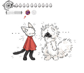 2_horns ambiguous_gender anthro biped black_body black_eyes black_fur cloak clothed clothing directional_arrow duo ellipsis empty_eyes eyes_closed fluffy fur gameplay_mechanics gui health_bar horn inner_ear_fluff looking_at_another mouth_closed red_cloak red_clothing simple_background standing tuft white_background white_body white_eyes white_fur aaasakawa hollow_knight:_silksong hollow_knight_(franchise) team_cherry hornet_(hollow_knight) lace_(hollow_knight:_silksong) felid feline mammal 2026 hi_res