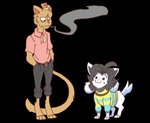 anthro barefoot cigarette clothed clothing duo eye_contact feet female hair hat headgear headwear looking_at_another male pattern_clothing size_difference smoking standing striped_clothing stripes topwear uncomfortable white_body chaoticdoodler darky soulfulstim undertale undertale_(series) burgerpants temmie_(undertale) canid canine felid feline mammal tem alpha_channel