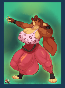 5_fingers anthro big_bulge bottomwear breasts brown_body brown_fur brown_hair bulge chain clothing cosplay fingers fur green_background gynomorph hair intersex muscular muscular_gynomorph muscular_intersex open_mouth pants pose simple_background smile solo standing topwear meganemausu hugo_(street_fighter) lagomorph leporid mammal rabbit 2024 digital_media_(artwork) hi_res