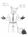 anthro bottomwear clothing eyes_closed male necktie pants shirt simple_background smile solo spread_arms standing tail topwear white_background work_uniform some_(someone) canid canine fox mammal absurd_res graphite_(artwork) hi_res pencil_(artwork) sketch traditional_media_(artwork)