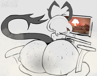 anthro big_butt bodily_fluids butt computer electronics gaming male musk musky_butt sitting smelly solo sweat muskymei mewgenics bovid bovine cattle deer hybrid mammal meme