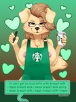 anthro beverage big_breasts blonde_hair blush breasts brown_eyes coffee dialogue female floppy_ears fur hair looking_at_viewer solo yellow_body yellow_fur anonymous_artist i_mean_breast_milk starbucks mugdoggo bird_dog canid canine canis domestic_dog golden_retriever hunting_dog labrador mammal retriever absurd_res hi_res meme