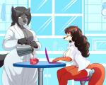 anthro areola bathrobe beverage big_breasts black_body black_fur black_hair breasts brown_hair cleavage clothed clothing coffee coffee_mug computer duo electronics female female/female fur furniture green_eyes grey_body grey_fur hair half-closed_eyes laptop mature_anthro mature_female multicolored_body multicolored_fur narrowed_eyes nipples open_clothing open_shirt open_topwear orange_body orange_fur panties robe shirt sitting standing table topwear two_tone_body two_tone_fur underwear white_body white_clothing white_fur white_shirt white_topwear white_underwear yellow_eyes lonbluewolf alexandria_crimshaw lunara_fenrus canid canine canis fox mammal wolf 2018 5:4