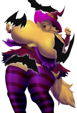 5_fingers anthro big_breasts blonde_hair breasts clothing convenient_censorship female female_anthro fingers fur hair hair_over_eyes hat headgear headwear holidays huge_breasts legwear open_mouth simple_background slightly_chubby slightly_chubby_anthro slightly_chubby_female solo tail teeth text thick_thighs white_background wide_hips witch_hat yellow_body yellow_fur yellow_tail liodimor halloween bat canid canine canis domestic_dog mammal 2025 absurd_res artist_name hi_res
