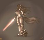 5_fingers anthro big_breasts breasts female fingers holding_object holding_weapon horn lightsaber melee_weapon midriff navel red_lightsaber simple_background sith solo standing weapon wide_hips yellow_eyes tacticalfur hasbro my_little_pony mythology star_wars amber_steel fan_character equid equine mammal mythological_creature mythological_equine unicorn hi_res