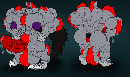 anthro balls big_balls big_butt big_muscles big_nipples black_eyebrows bodily_fluids butt chest_tuft claws eyebrows finger_claws fur genital_fluids genitals grey_body huge_balls huge_butt huge_muscles huge_nipples humanoid_genitalia humanoid_penis hyper hyper_balls hyper_genitalia hyper_muscles male mohawk muscular nipples penis precum pubes purple_nipples red_pubes red_tuft solo toe_claws tuft wolf_tail evilfoxyfull mythology wolfenwing animal_humanoid canid canine canis humanoid mammal mythological_canine mythological_creature werecanid werecanine werecreature werewolf wolf