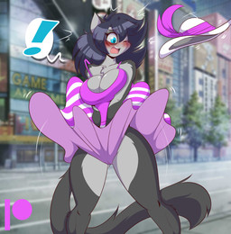 anthro bottomwear bottomwear_down breasts city cleavage clothed clothing clothing_lift embarrassed female hat headgear headwear one_eye_closed open_mouth skirt skirt_down skirt_lift solo wind mastergodai rascals chrissy_mccloud domestic_cat felid feline felis mammal hi_res