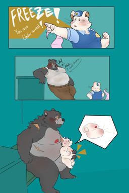 4_fingers abdominal_bulge abdominal_scar anal anal_penetration anthro anthro_on_anthro balls bar_emanata belly big_belly black_body black_nose bottomwear brown_bottomwear brown_clothing brown_pants clothed clothed_anthro clothed_male clothing countershading dialogue duo emanata eye_scar facial_scar fingerpads fingers from_behind_position fur genitals gesture grey_balls grey_body grey_countershading grey_fur hand_gesture kemono khaki_pants larger_anthro larger_male male male/male male_anthro monotone_body monotone_fur moobs multicolored_body multicolored_fur nipples nude nude_anthro nude_male obscured_penetration overweight overweight_anthro overweight_male pants pawpads penetration penile penile_penetration penis penis_in_ass pointing police police_hat police_officer police_uniform scar sex shirt shoulder_scar sitting size_difference smaller_anthro smaller_male smaller_penetrated tank_top text topwear two_tone_body two_tone_fur uniform whiskers white_balls white_body white_clothing white_fur white_shirt white_topwear givemepudding3 instant_loss_2koma bear mammal mouse murid murine rodent 2026 absurd_res comic english_text hi_res