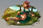 anthro big_breasts breasts breasts_and_teats cleavage clothed clothing cloven_hooves dress female field hair hooves horn kerchief lying on_side orange_hair outside plant smile solo tail tail_tuft teats tree tuft udders chadzime changeling_tale marion_(changeling_tale) bovid bovine cattle mammal 2020