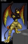 abs anthro athletic beak biceps biped black_body bottomwear brown_body class claws clothed clothing crossed_arms feathered_wings feathers feet looking_at_viewer male muscular muscular_anthro pants pecs pose shorts solo standing tail talons text toes topless wings yellow_body yellow_eyes black-rat mythology avian gryphon mythological_avian mythological_creature english_text