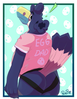 anthro beak blue_beak blue_body butt clothed clothing exclamation_point jockstrap male mouth_closed overweight overweight_anthro overweight_male pattern_background pink_clothing pink_topwear simple_background simple_eyes solo standing topwear underwear yellow_beak pache_riggs avian absurd_res hi_res signature