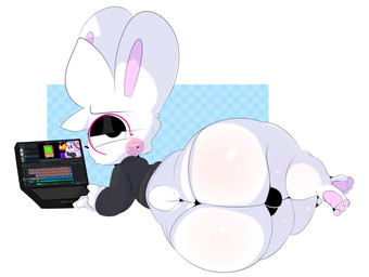anthro ball_bulge big_butt black_eyelids butt computer electronics eyewear fur glasses half-closed_eyes head_tuft laptop long_ears lying male narrowed_eyes on_side pawpads pink_cheeks pink_pawpads rear_view round_glasses small_tail solo tail thick_thighs tuft wearing_glasses white_body white_fur konaditto squashortstacks lagomorph leporid mammal rabbit 2025 absurd_res hi_res spanish_description