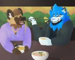 anthro black_nose bodily_fluids brown_body brown_fur chopsticks clothed clothing detailed_background duo eating eyes_closed feeding food frohawk fur hair holding_object hoodie jacket jewelry male multicolored_body multicolored_fur necklace noodles open_mouth overweight ramen restaurant sitting smile sweat sweatdrop topwear friedito darius_davis skyvolts african_wild_dog canid canine hybrid mammal 2020 5:4 digital_drawing_(artwork) digital_media_(artwork) hi_res