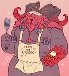 2_horns anthro apron apron_only areola arm_hair arm_tuft beard belly big_moobs big_nipples black_areola black_body black_horn black_nipples black_nose black_skin blep body_hair bovid_horn braided_beard braided_mustache bulge burly caprine_horn chef_hat chest_hair chest_tuft closed_frown clothed clothing curled_horn dark_body dark_horn dark_skin dual_holding dumplings eyebrows facial_hair fluffy food front_view fur glowing glowing_eyes gradient_background hairy_legs half-closed_eyes hat headgear headwear heart_apron heart_clothing heart_hat heart_headwear heart_print heart_symbol hearts_around_text holding_food holding_object holding_spatula holding_tool horn horn_markings iconography kiss_the_cook leagues looking_at_viewer male manly markings mature_anthro mature_male meat_skewer moobs mostly_nude multicolored_horn musclegut muscular muscular_arms mustache narrowed_eyes nipple_piercing nipple_ring nipples no_pupils overweight overweight_anthro overweight_male pecs piercing pink_background print_apron print_clothing print_hat print_headgear print_headwear ram_horn red_body red_eyebrows red_fur red_horn ring_piercing sharp_horn shoulder_tuft simple_background skewer skimpy solo sparkles spatula standing steam_lines steaming stocky text text_on_apron text_on_clothing text_print text_with_heart thick_eyebrows tongue tongue_out tools tuft two_tone_horn yellow_apron yellow_clothing yellow_eyes yellow_sclera imaboii666 league_of_legends riot_games tencent ornn_(lol) bovid caprine demigod mammal english_text hi_res pictographics