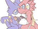 anthro blue_eyes blush duo electronics hand_holding headphones male male/male purple_body red_body scarf tail wings a_midnight_cat bandai_namco digimon digimon_xros_wars mythology digimon_(species) dragon gumdramon mythological_creature mythological_scalie scalie shoutmon 4:3 hi_res