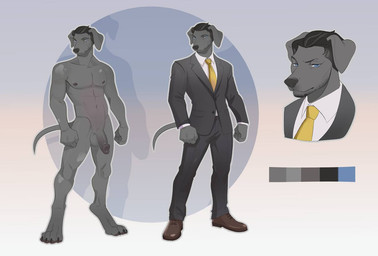 anthro balls black_hair black_nails black_nose blue_eyes circumcised clothed clothing colored_nails fur genitals grey_body grey_fur hair humanoid_genitalia humanoid_penis male muscular muscular_anthro muscular_male nails nude paws penis solo standing suit volchara henry_(mystery.dog) weimaraner