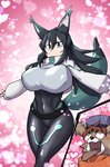 anthro arms_out big_breasts black_hair bodysuit breasts brown_body brown_fur clothed clothing cutaway duo ear_piercing female fur green_body green_eyes green_fur hair hat headgear headwear heart_background heart_eyes heart_symbol huge_breasts kemono male navel_outline nipple_outline ogling open_mouth open_smile piercing pose simple_background skinsuit smile spread_arms tight_clothing tongue tongue_out hotsaurus gundam gundam_build_divers_re:rise freddie_(gundam_build_divers_re:rise) may_(gundam_build_divers_re:rise) animal_humanoid canid canid_humanoid canine canine_humanoid canis domestic_dog fox_humanoid humanoid mammal mammal_humanoid hi_res