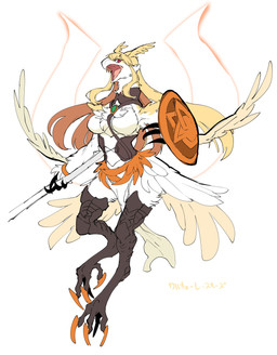 4_fingers 4_toes alternate_species anthro beak blonde_hair breasts clothed clothing feathered_wings feathers feet female fingers furrification hair holding_object holding_weapon long_hair melee_weapon non-mammal_breasts open_mouth polearm red_eyes shield solo talons text toes weapon white_body white_feathers wings takatsuki_nato fate_(series) type-moon lancer_valkyrie_thrúd avian absurd_res hi_res japanese_text translated