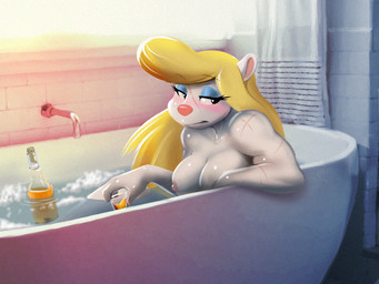 anthro bath bathing bathroom bathtub biceps blonde_hair blue_eyeshadow blush bottle breasts cleavage clothed clothing container eyebrow_through_hair eyebrows eyelashes eyeshadow faucet female fur hair half-closed_eyes inside long_eyelashes long_hair looking_at_viewer makeup muscular muscular_anthro muscular_female narrowed_eyes nipples nude pink_nose scar scratches solo tile tile_wall translucent translucent_hair wall_(structure) water white_body white_fur wounded dracojeff animaniacs warner_brothers minerva_mink mammal mink mustelid musteline true_musteline 2020 4:3