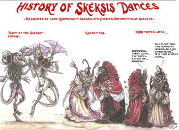 age_difference anthro barefoot breasts claws clothing dancing dialogue duo elderly elderly_intersex feathers feet gown herm intersex multi_limb nipples nude pain renaissance_clothing speech_bubble tasteful_nudity text toe_claws younger_intersex skekla_(artist) the_dark_crystal skekekt_the_ornamentalist skeksil_the_chamberlain alien skeksis 2014 comic english_description english_text hi_res signature