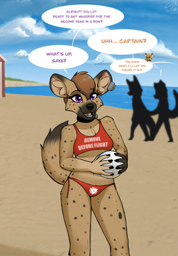 anthro beach bikini bikini_bottom bikini_top black_nose breasts brown_body brown_fur brown_hair clothed clothed_anthro clothed_female clothing dialogue female fur group hair markings offscreen_character silhouette smile solo_focus speech_bubble spots spotted_body spotted_fur swimwear text trio two-piece_swimsuit stargazer erin_(stargazer) hyena mammal spotted_hyena english_text hi_res