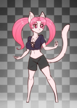 anthro bottomwear breasts checkered checkered_background chest_tuft clothing eyebrow_through_hair eyebrows eyelashes female fur hair inner_ear_fluff long_hair looking_at_viewer midriff navel pattern_background pigtails pink_body pink_eyes pink_fur pink_hair pupils shirt shorts shortstack simple_background smile solo tank_top topwear translucent translucent_hair tuft white_pupils scorpdk domestic_cat felid feline felis mammal 2021 absurd_res hi_res