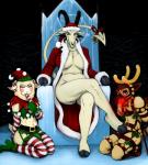 2017 anthro antlers ball_gag baphomet_(deity) bell bent_legs big_breasts bottomless bovid breasts bulge candy candy_cane caprine caprine_demon chair christmas clothed clothing crossdressing crossed_legs deity demon dessert detailed_bulge domestic_cat domestic_sheep eyeliner fake_antlers fake_horns felid feline felis female femboy food food_fetish furniture gag genital_outline goat_demon group hat headgear headwear hi_res hladilnik holidays holly_(plant) hooves horn larger_female leg_over_thigh looking_at_viewer lucy_(hladilnik) makeup male mammal midriff mistletoe occult_symbol partially_clothed penis_outline pentagram plant robe scar sheep size_difference smile spade_tail star star_polygon star_print suggestive suggestive_food symbol tail throne toothy_grin trio y_incision
