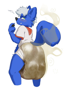 anthro blush clothing diaper diaper_fetish feces male rear_view sagging_diaper sailor_uniform simple_background smelly soiled_diaper solo stained_diaper stink_fumes stink_lines unclean_diaper uniform used_diaper foopybugg arilin_thameslink canid canine canis hybrid mammal mephitid skunk wolf hi_res