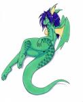 4_toes 5_fingers anthro blue_hair breasts butt butt_pose feet female fingers hair membrane_(anatomy) membranous_wings non-mammal_breasts nude pose red_eyes simple_background smile solo tail toes white_background wings tierafoxglove mythology dragon mythological_creature mythological_scalie scalie 2018 hi_res traditional_media_(artwork)