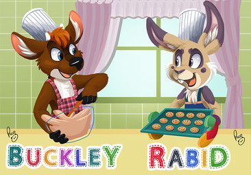 anthro apron baking black_nose blue_eyes brown_body brown_fur clothed clothing cookie cooking dough duo food front_view fur glistening glistening_eyes gloves hair handwear inside logo male male_anthro markings open_mouth open_smile orange_hair purple_eyes purple_markings short_hair smile tan_body tan_fur white_body white_fur pandapaco buckleythedeer rabidrabbit56 deer lagomorph leporid mammal rabbit artist_logo signature