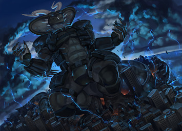 4_toes 5_fingers abs anthro biceps big_tail biped black_body blue_eyes building city city_background city_crushing city_destruction cityscape claws clothed clothing cloud crush destruction feet fingers foot_crush gear glowing horn landscape_dwarfing light long_tail macro macro_anthro macro_male male muscular muscular_anthro muscular_male outside paws pecs rampage smile snake_hood solo stomping storm tail teeth toes elkaart kai'nek_(pyronite) cobra reptile scalie snake hi_res