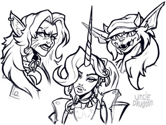 angry animal_ears anthro big_ears choker clothing collar ear_piercing eyelashes facial_piercing facial_scar fangs female female_anthro female_humanoid group hair hat head_tilt headgear headwear horn jewelry long_hair messy_hair narrowed_eyes necklace nose_piercing parted_lips piercing pointy_ears ponytail pupils scar sharp_teeth slit_pupils snarling teeth trio uncle_drugoon deadlock_(game) mythology valve celeste_(deadlock) ivy_(deadlock) lilah_silver animal_humanoid canid canid_humanoid canine canine_humanoid equid equid_humanoid gargoyle humanoid mammal mammal_humanoid mythological_canine mythological_creature unicorn_humanoid werecanid werecanine werecreature werewolf wolf_humanoid 2026 4:3 absurd_res bust_portrait digital_drawing_(artwork) digital_media_(artwork) expression_sheet hi_res portrait sketch