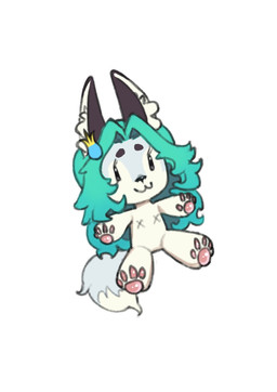 :3 accessory ambiguous_gender anthro fur gradient_hair hair hair_accessory hairpin inner_ear_fluff monotone_background nude pawpads plushie simple_background solo tail tan_body tan_fur teal_hair tuft white_background white_body white_fur bleedglaze mischa_(im_m0rd3kai) canid canine fox mammal hi_res female_(lore)