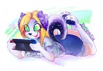 anthro big_eyes blonde_hair breasts claws clothed clothing curled_tail eyelashes female gaming green_eyes hair lying on_front pawpads paws playful playing playing_video_game simple_background solo spots tail tongue tongue_out young young_anthro ligynkey missshiba nintendo nintendo_switch shiba_(fursona) australian_shepherd canid canine canis domestic_dog herding_dog mammal pastoral_dog sheepdog 2020