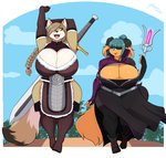 anthro big_breasts braided_hair braided_ponytail breasts cleavage clothed clothing duo eyewear female glasses hair huge_breasts hyper hyper_breasts melee_weapon pince-nez ponytail staff sword weapon jwinkz cheyenne_(inu-dono) zoey_(jwinkz) canid canine canis coyote domestic_dog mammal