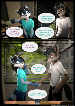 anthro black_hair blinds blue_body blue_fur brown_body brown_fur deadpan dialogue digitigrade duo electronics emo_haircut eye_bags female fur gesture hair handshake humor jumpscare male office purple_eyes scared spooked startled teal_eyes text tired_eyes willitfit striped_sins dray_(striped_sins) ryder_(striped_sins) canid canine canis mammal procyonid raccoon wolf 3d_(artwork) comic digital_media_(artwork) english_text hi_res