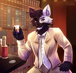 alcohol anthro bar beverage black_body black_fur bookshelf clothing fur furniture grin heterochromia looking_at_viewer male sharp_canines smile solo suit suit_jacket whiskey white_body white_fur cat_mantis azki_(azki_wolf) canid canine canis mammal wolf hi_res