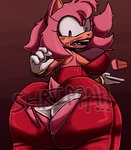 accessory anthro big_breasts big_butt bracelet breasts butt cake cake_slice clothing dessert dress female food fur gloves green_eyes hair hair_accessory hairband handwear huge_butt jewelry messy messy_eater messy_hair panties pink_body pink_fur plate solo torn_clothing underwear tascom sega sonic_the_hedgehog_(series) amy_rose eulipotyphlan hedgehog mammal hi_res