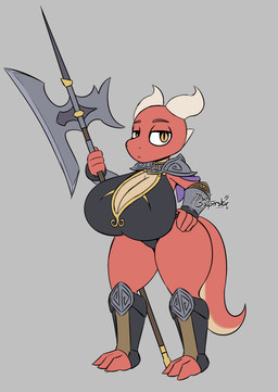 2_horns 3_toes 4_fingers armor armwear axe big_breasts big_butt black_clothing black_legwear black_leotard breasts brown_clothing brown_legwear butt cleavage_cutout clothing cutout feet female fingers frown greataxe grey_armwear grey_background grey_clothing grey_horn halberd half-closed_eyes hand_on_hip holding_object holding_weapon horn huge_breasts huge_butt huge_thighs legwear leotard looking_at_viewer melee_weapon narrowed_eyes polearm pupils red_body red_scales scales shortstack shortstack_female simple_background slit_pupils solo standing tan_body tan_scales thick_thighs toes weapon wide_hips yellow_eyes miso_souperstar kobold scalie 2023 absurd_res digital_media_(artwork) hi_res